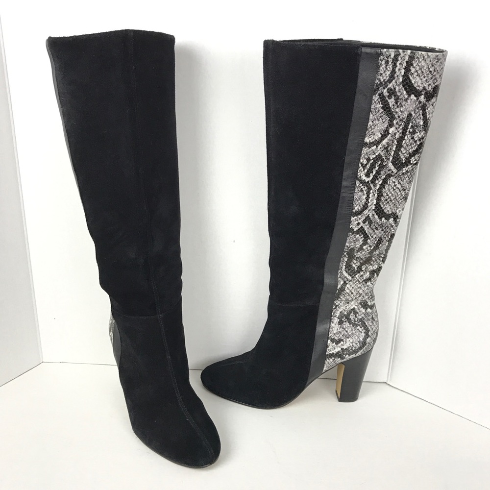 Black Suede Snake Print Tall High Heel Boots Sz 8